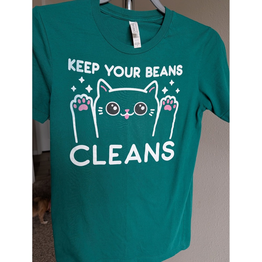 Bella Canvas Keep Your Beans Cleans Cat Graphic T-Shirt Teal Green Small